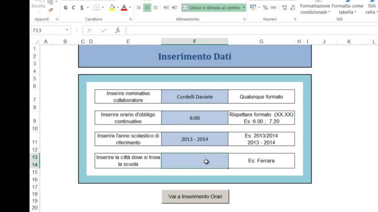 Foglio excel per orario scolastico
