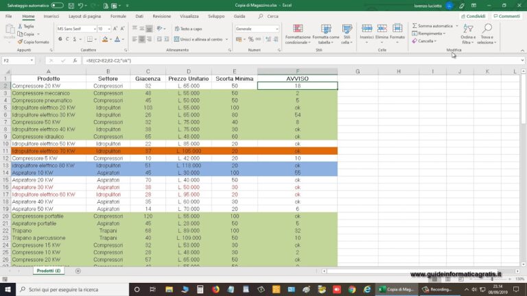 Colori in ordine alfabetico excel